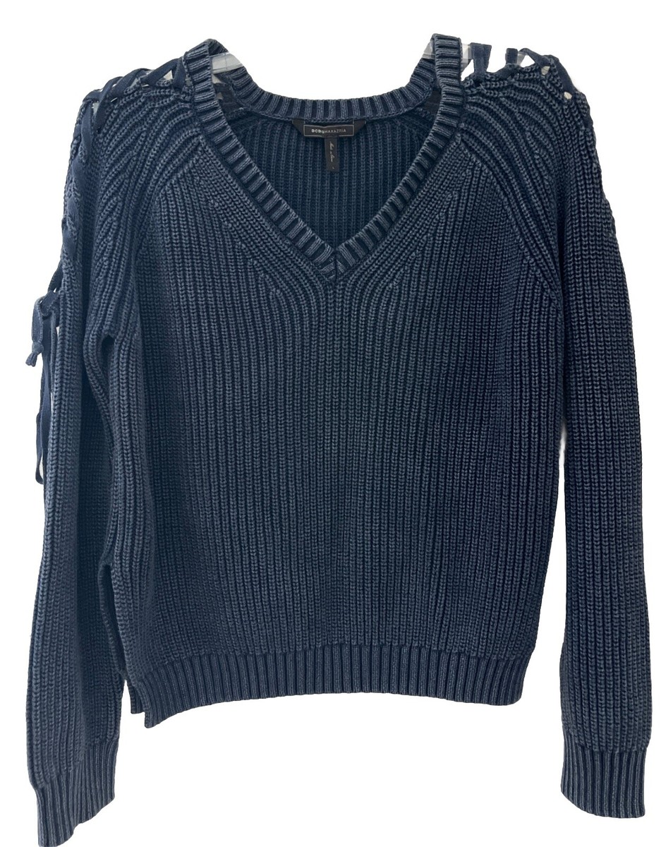 BCBG Maxazria Sweater Chunky Ribbed Split Side Open Sleeve VNeck
