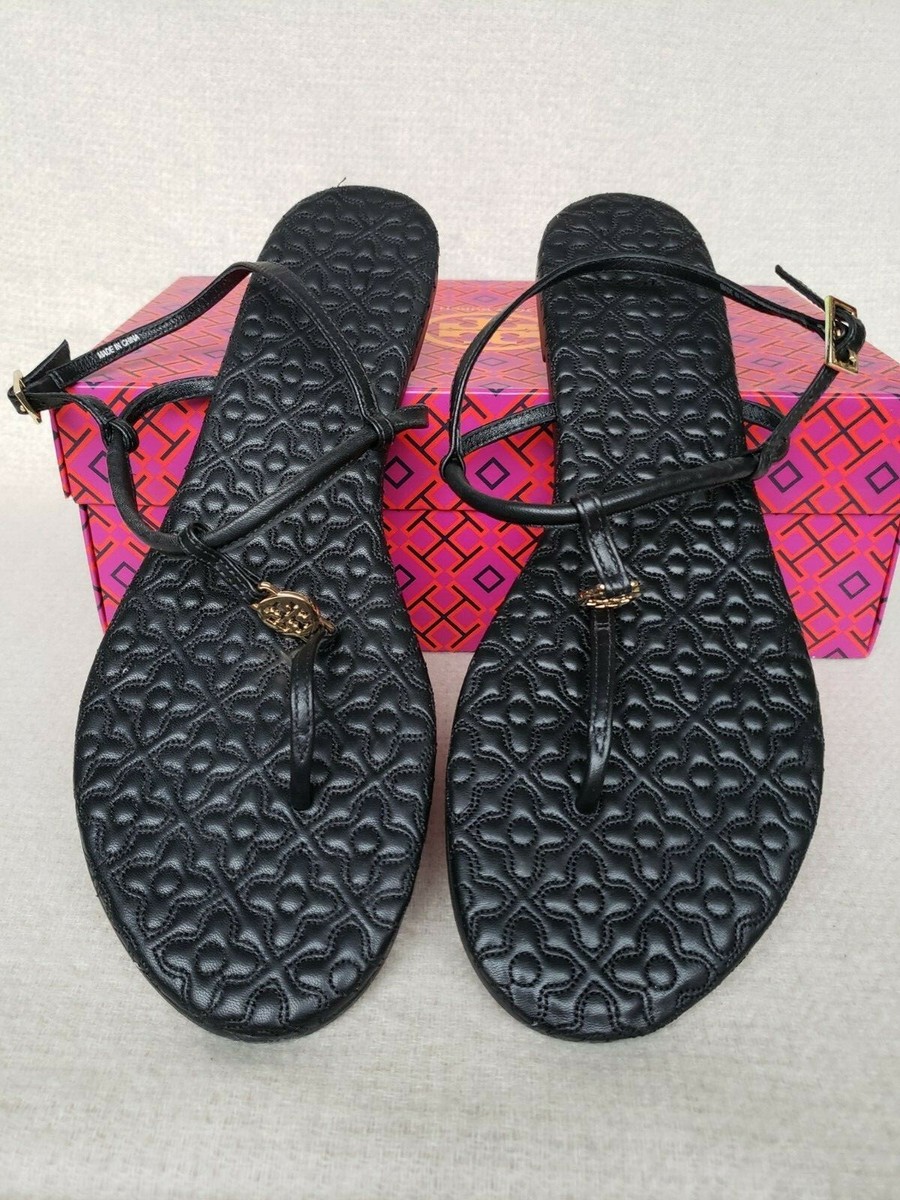 NIB Auth Tory Burch Marion Bryant Quilted Black Logo Sandals flats  Shoes