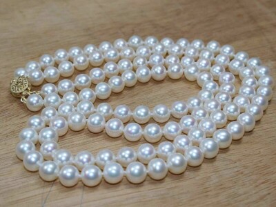 Double strands AAA 8-9mm natural Akoya white pearl necklace 18  14K GOLD CLASP