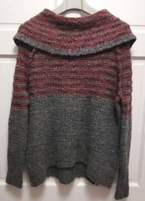 Free People Cowl Neck Wool Blend Gray w/ Red Stripes Knit Sweater - Small