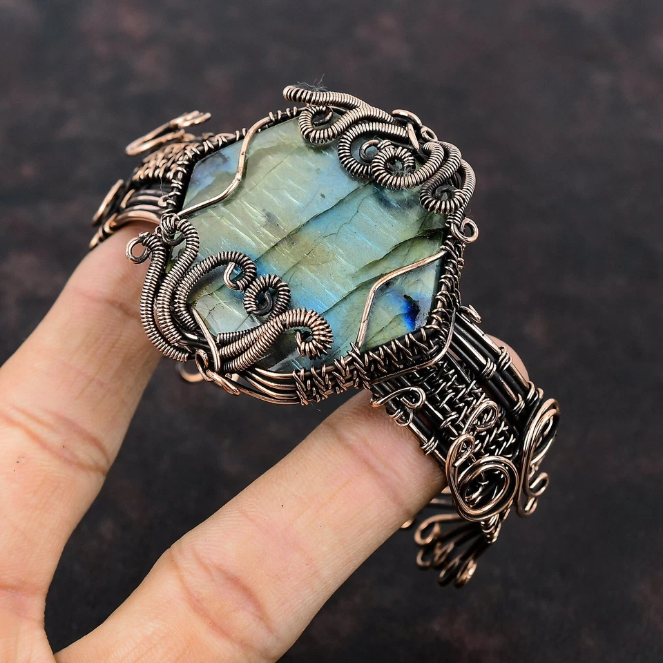 Women Day Gift Labradorite Jewelry Copper Love Gift Wire Wrapped Adjustable Cuff - Image 3 of 4