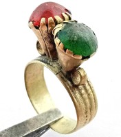 ANCIENT Medieval Silvered Ring Decorated With RED GREEN Stones