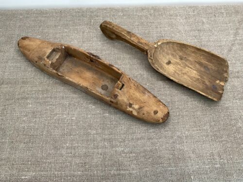 Wooden Scoop and Shuttle Spinning Wheel Hand Carved Weaving Loom Antique Tools - Afbeelding 1 van 11