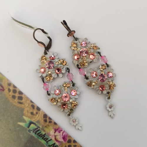 Michal Negrin Earrings White Spring Floral Sparkly Pink Crystals Long Chunky New - Picture 5 of 15