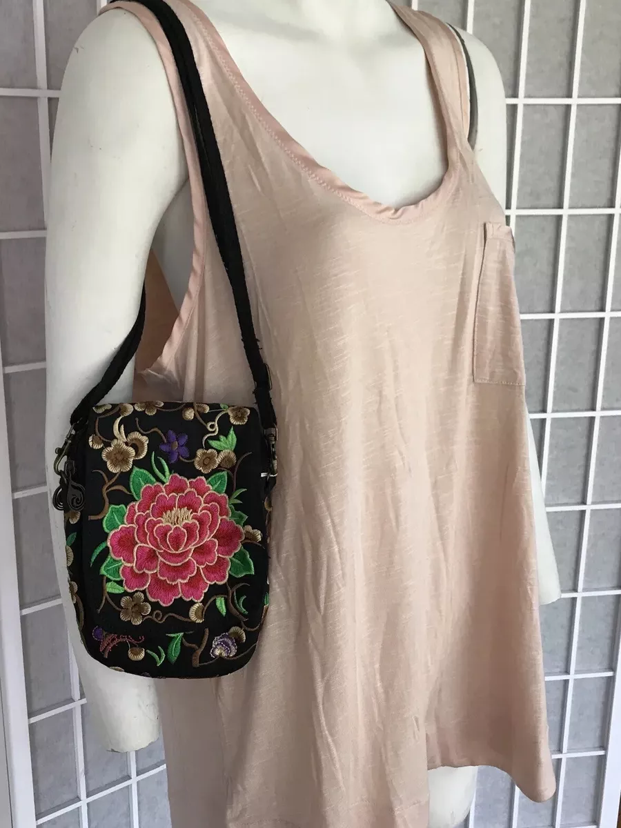 Boho Floral Embroidered Crossbody / Wristlet Straps Canvas Purse