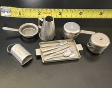 Vintage Miniature Dollhouse 1:12 Metal Pots/Pans, Grater, Silverware, Set of 12