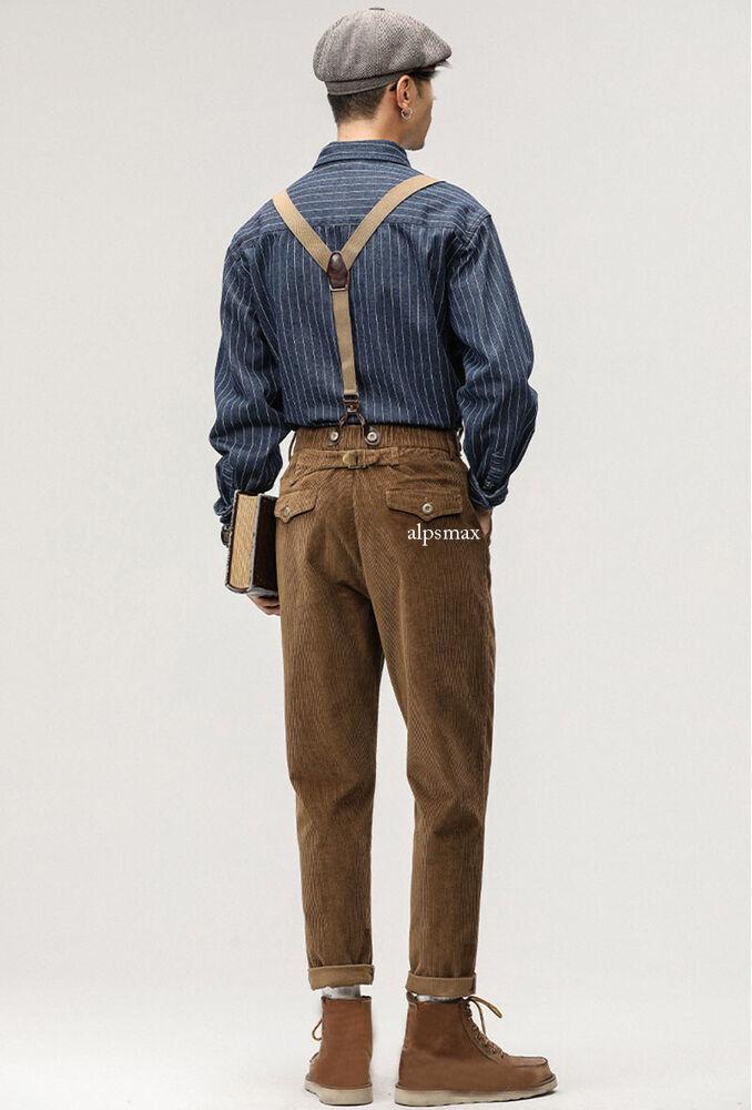 Mens British Style Corduroy Straight Pants Suspender Trousers