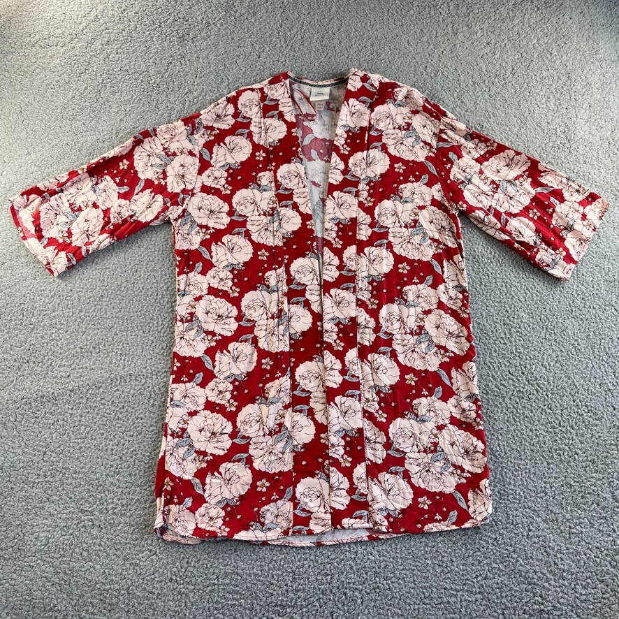 Knox Rose Womens XS Red Pink Floral Boho Kimono Cover Up Duster Gypsy Hippie Style