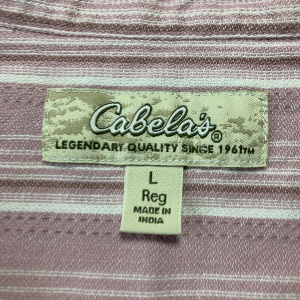 CABELAS 衬衫女式大号纽扣衬衫上衣条纹短袖粉色白色 — 第 3/4 张图片