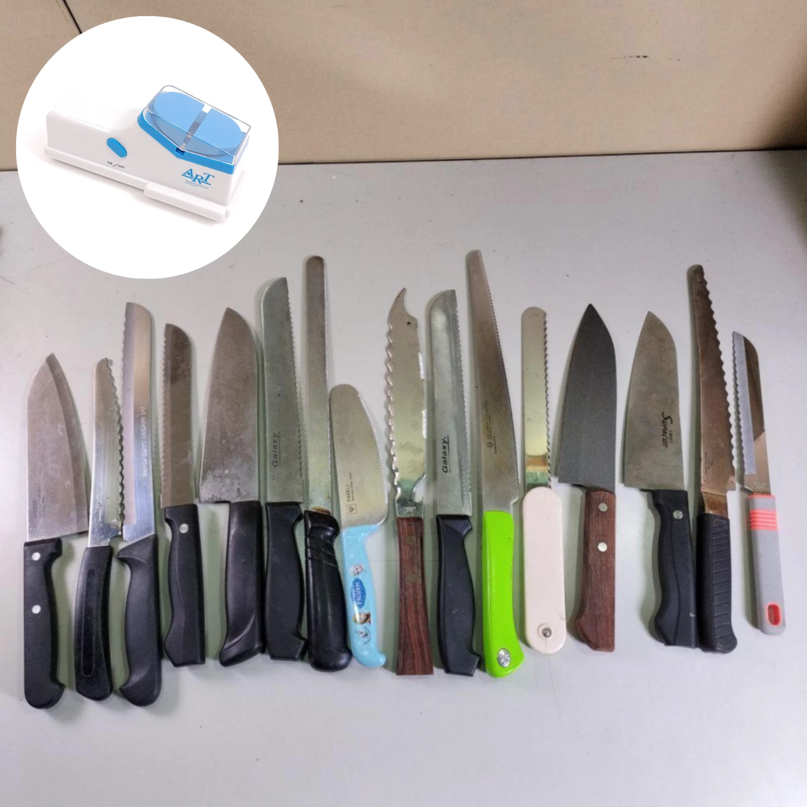 Used Lot of 16 Japanese Petty Knives – 8" Utility Chef Set + Sharpener Santoku