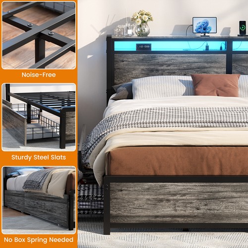 King/Queen/Full LED Bed Frame, Headboard with Charging Station,4 Storage Drawers - Picture 3 of 13