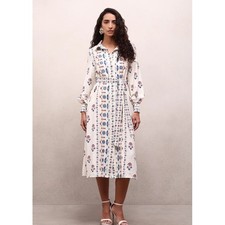 Sezane Floral Geometric Midi Shirt Dress White Blue Wool Long Sleeve Belted Sz 2