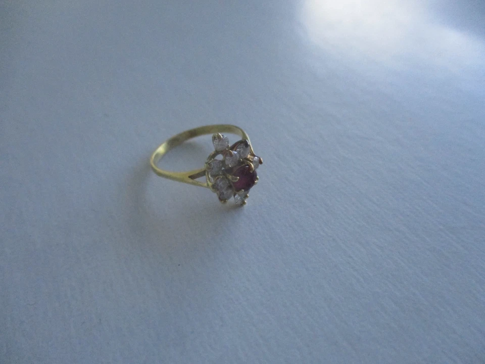 Vintage Ruby Diamond Halo 14k Yellow Gold Ring Red Teardrop Sz 3, 1.86g - Image 4 of 4