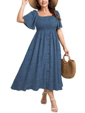 Plus Size Casual Maxi Boho Dress for Curvy Women Short Sleeve Square Neck Smo...