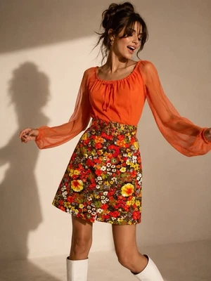 Vtg 60s 70s Quilted Skirt Chiffon Top Mini Belted Dress Gogo Mod Orange Size 8 - Photo 1/4