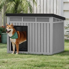 Plastic Dog House Outdoor Indoor Dog Kennel with Liftable Roof & Good Black/Gray