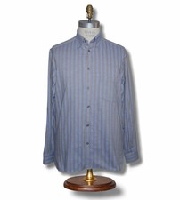 Ermenegildo Z Zegna Men's Large Blue Herringbone Button Down Stripe Shirt Italy