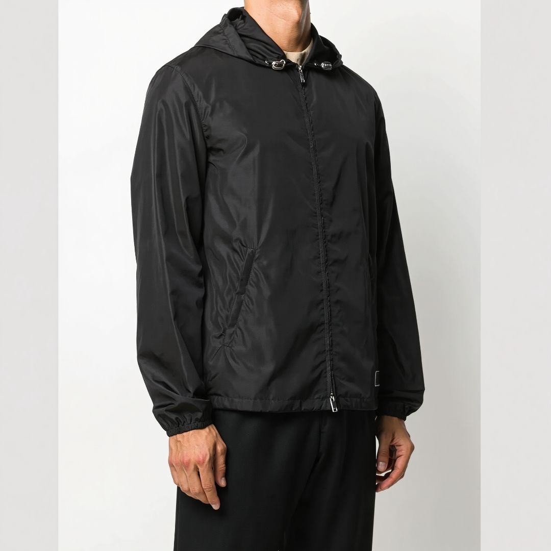 Valentino Black Nylon Windbreaker Jacket Hooded Logo Patch Size US