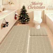 Striped Beige Bathroom Rug Set 3 Pieces Ultra Soft, Non Slip Chenille Toilet Mat