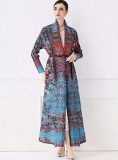 Soprabito Lungo Elegante Fantasia Blu Rosso Con Cintura Regolabile CF57811