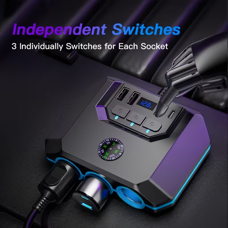 120W Car Cigarette Lighter Splitter 3 Socket USB Charger 12V 24V Switch Voltage