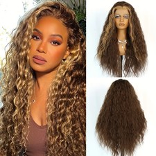 Brown Blonde Highlights Loose Curly Glueless Lace Front Wigs Pre Plucked Women