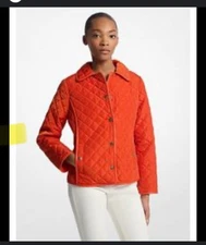 Michael Kors Womens Quilted Jacket MK logo M Orange Spice Chore barn Coat NWT