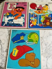 Vintage Wood Tray Puzzle Playskool Bert Ernie Hats - 3 puzzles bright colors