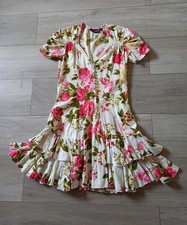 Love Peach White Rose Floral Print Cotton Flared Dress Retro Layered Frills UK8