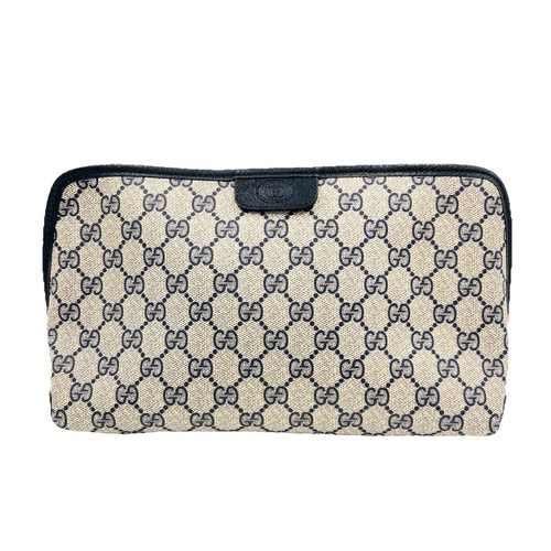 Gucci GG Supreme Porch Bag Clutch PVC Leather Gold Navy Authentic #592