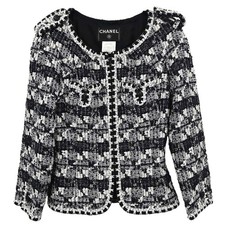 Chanel Collarless Zip Up Tweed Jacket White Black Navy 06C #38 179577