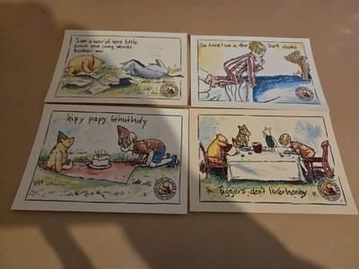 Set mit 4 Winnie Puuh Postkarten. Szenen aus 100 Aker Holz. Unbenutzt. 
