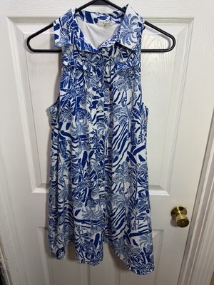 Entro Blue & White Tropical Safari Print Dress Size Small