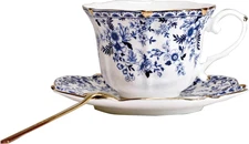 Vintage Floral Porcelain Tea Cup and Saucer Set with Spoon, Gold Trim, 6.4 Oz – 