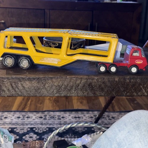 Vintage 1970's  Tonka  Car Carrier Hauler w/ 2 Cars   Pressed Steel