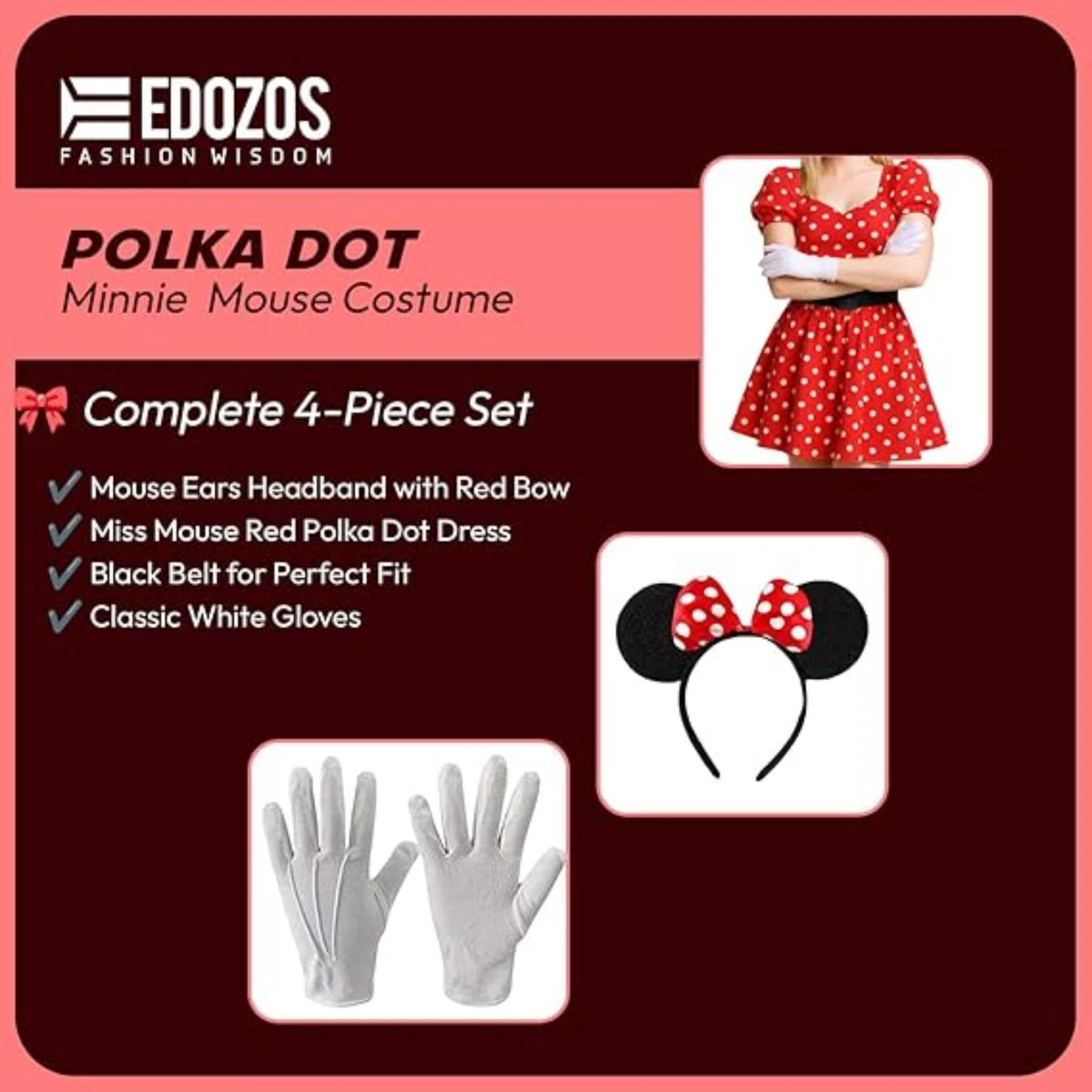 Ladies Women Red Polka Dot Fancy Dress Outfit Minnie Mouse Cute Costume Set