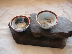 Vintage pair of Japanese Guinomi Kutani Ware Porcelain Sake Cups. Birds ~ Fuji