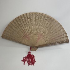 Vintage Wooden Hand Held Carved Folding Fan Decorative 14  Across x 8  T