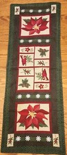 Happy Holidays Quilted Embr. Table Runner Poinsettia Cardinal Cotton 35 12.5"