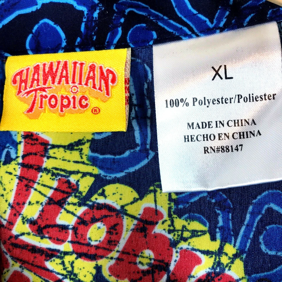 Hawaiian Tropic Shirt Mens Size XL Button Up Blue Red Floral Spell Out Camp NEW - Image 3 of 4
