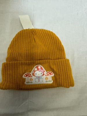Sanrio Hello Kitty Mushroom Beanie Cap Girls One Size Yellow Knitted Ribbed Hat