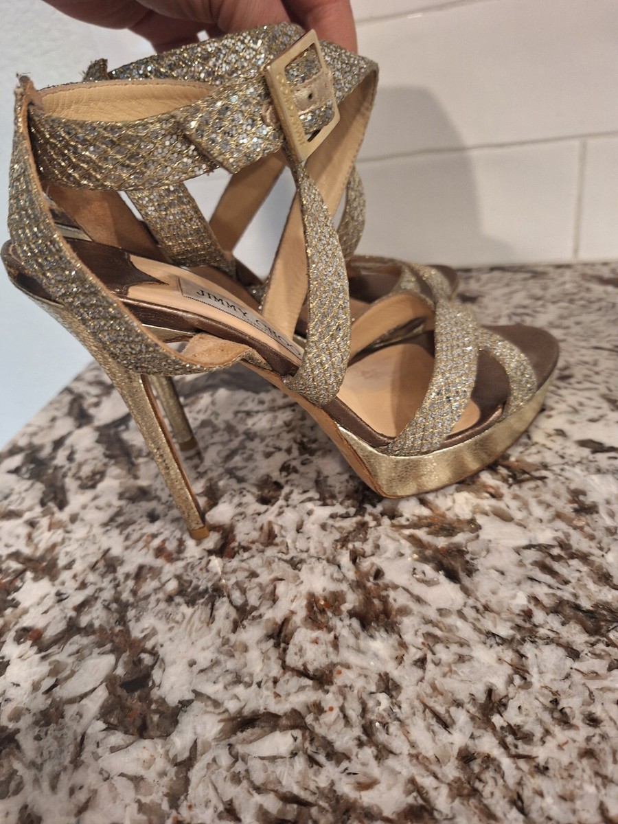 Jimmy Choo Gold/Silver Glitter leather heel platform sandals