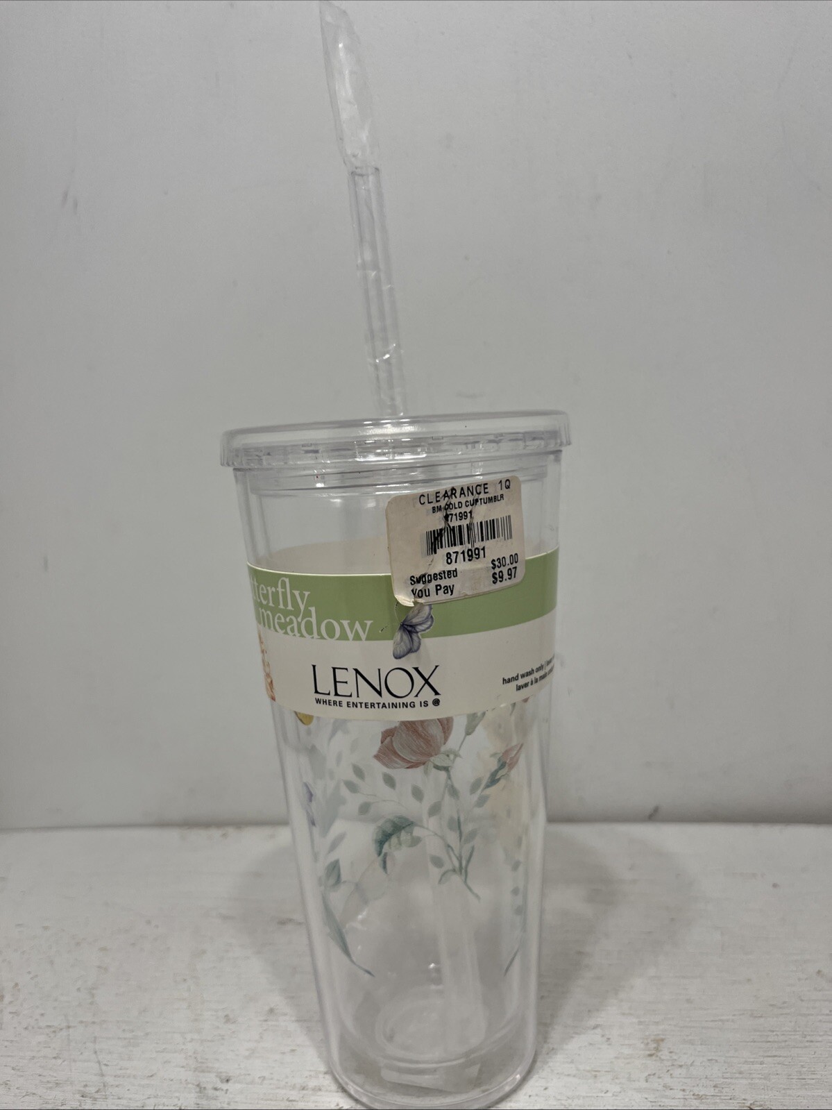 Lenox Plastic  Cold Cup Floral Tumbler With Straw 20 Oz NWT Butterfly Garden