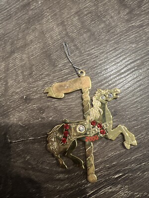 Metal Carousel Horse Holiday Flat Ornament Gold-Tone Rhinestone Gloria Duchin