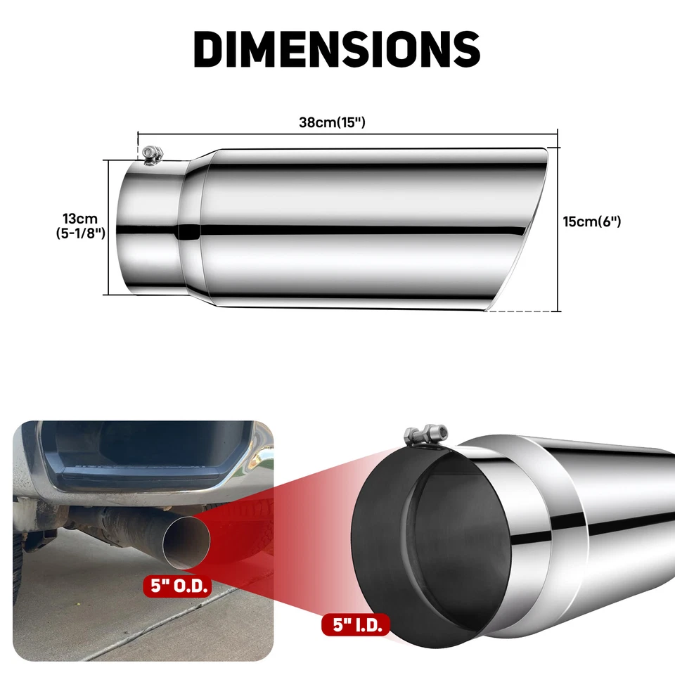 5" Entrada 6" Salida 15" Longitud Punta de escape atornillable Acero inoxidable para Dodge RAM 3500 Foto 2 de 4