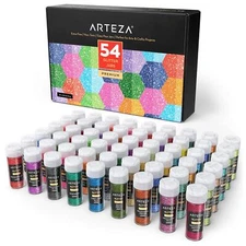 Arteza Extra Fine Glitter | Neon & Holographic - Set of 54 Shaker Jars
