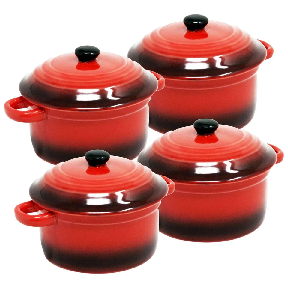 ToCi 4 x Auflaufschalen mit Deckel Ofenformen Keramik 200 ml Förmchen Rot