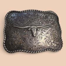 Vintage Nocona Longhorn Heavy Silvertone Belt Buckle Western Cowboy