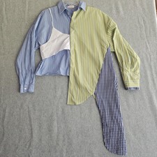 La'Ros Patchwork Shirt Womens Small Blue Stripe Button Up Top Y2K Abstrast Art