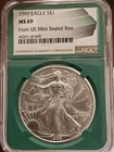 1999 American Silver Eagle Dollar NGC MS 69 From US Mint Sealed Box Green